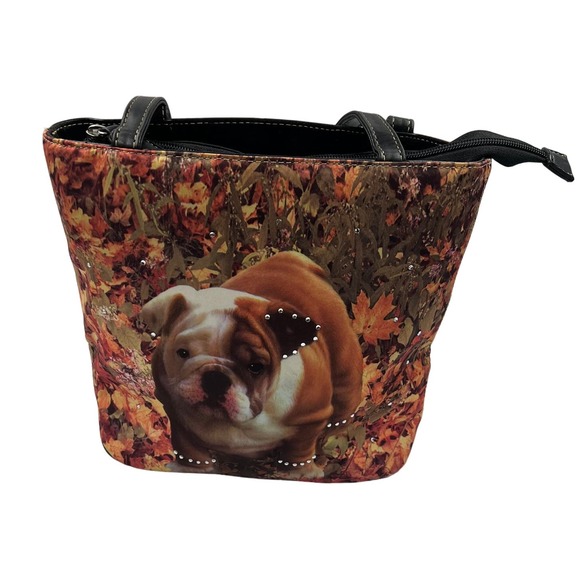 Vintage 2000's Y2K Tote Bag Purse Bling Jeweled Accent Puppy Bull Dog Zippered - Picture 1 of 11